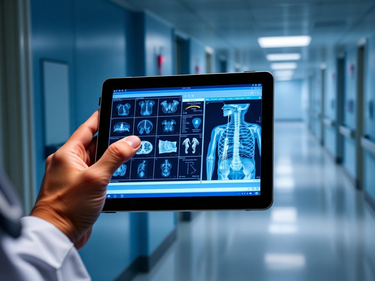 Médico utilizando visualizador PACS em tablet
